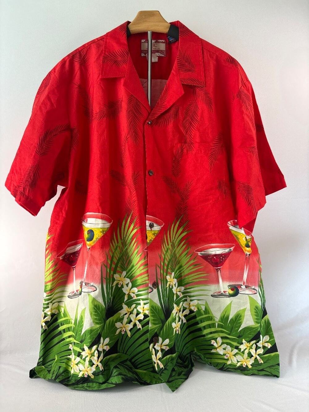 RJC Made in Hawaii Red Cocktail Print Aloha Camp Shirt Men's 2XL Tropical